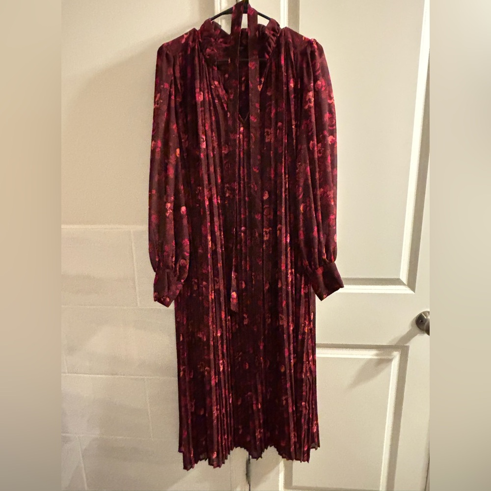 Banana Republic Women's Burgundy Floral Midi Dress with Tie Neck